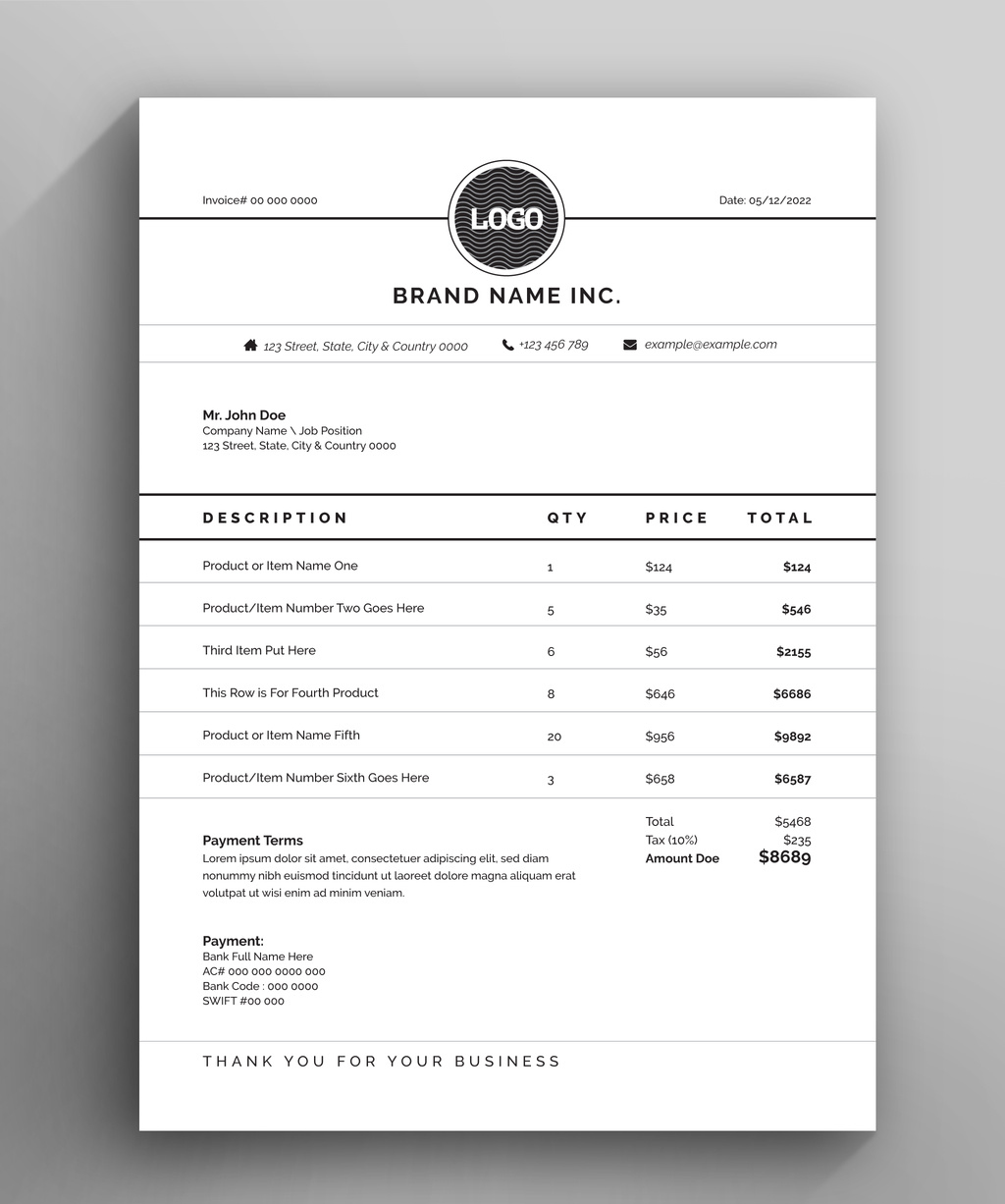 Printable Invoice Layout (AI Format)