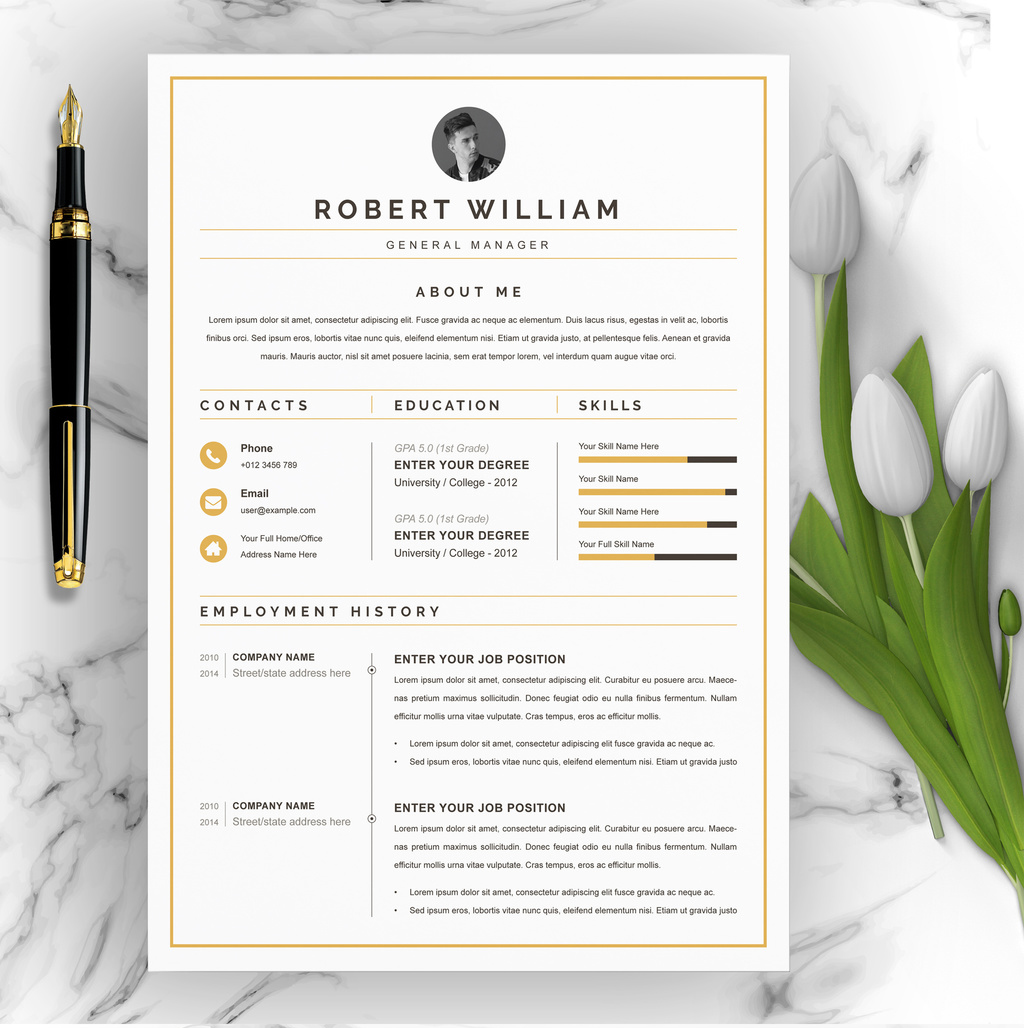 Resume Layout with Gold Accents (AI Format)