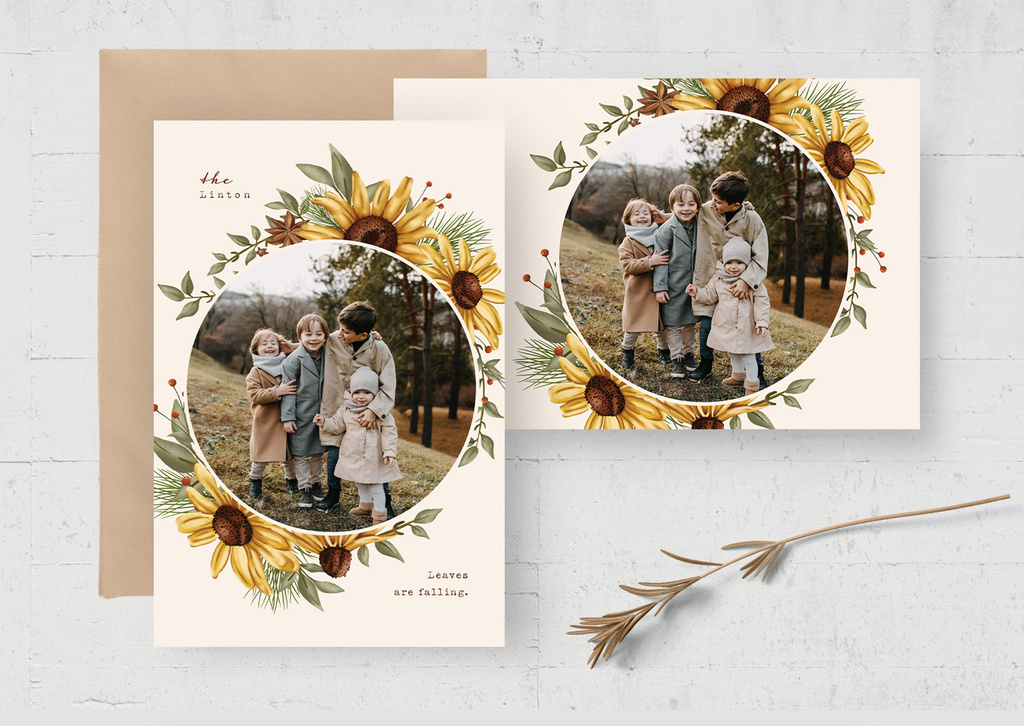 Rustic Autumn Fall Photo Card Layout with Sunflower Illustration (PSD Format)