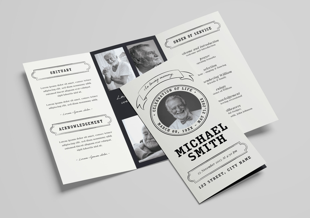 Simple Black White Trifold Funeral Program Memorial Service Layout (PSD Format)