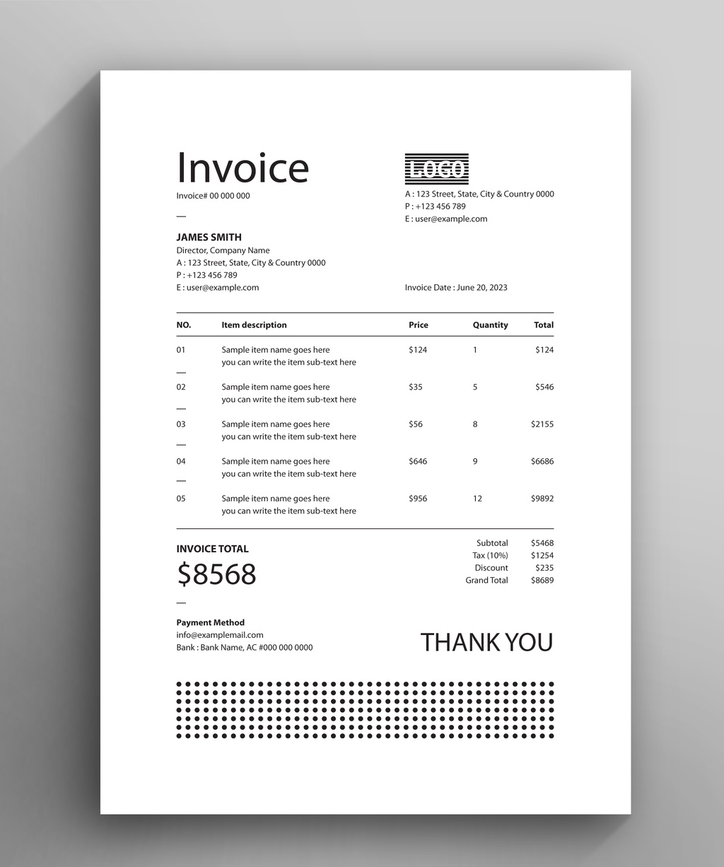 Simple Invoice Black and White Template (AI Format)