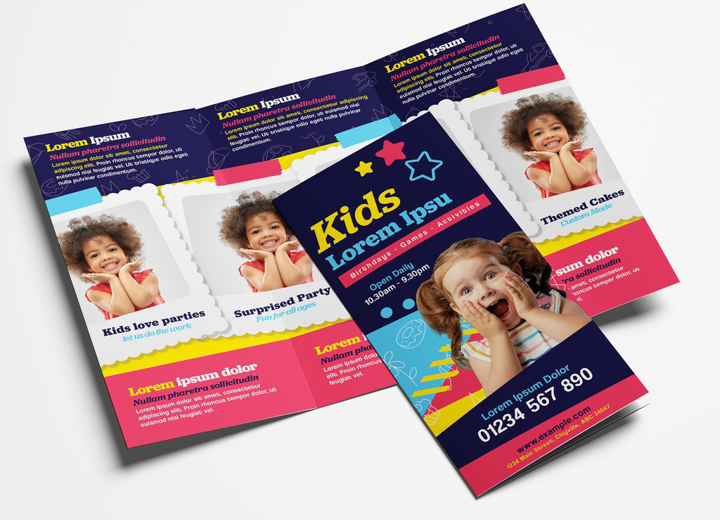 Trifold Brochure Layout with Children's Event Illustrations (PSD Format)
