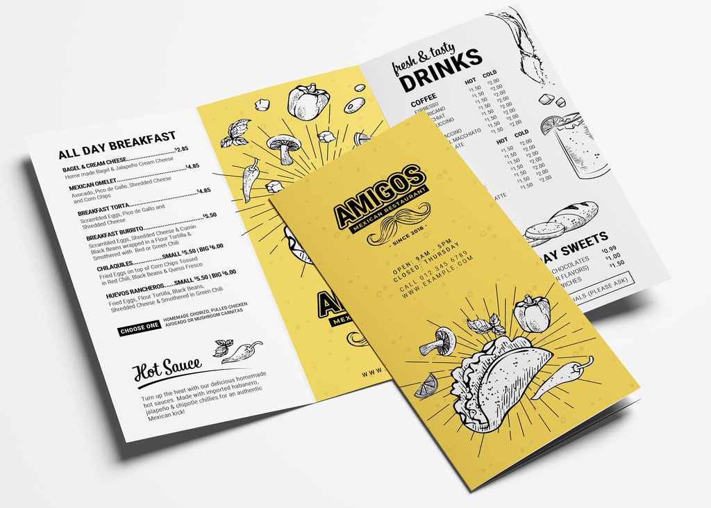Trifold Mexican Restaurant Menu Layout with Taco Illustrations (PSD Format)