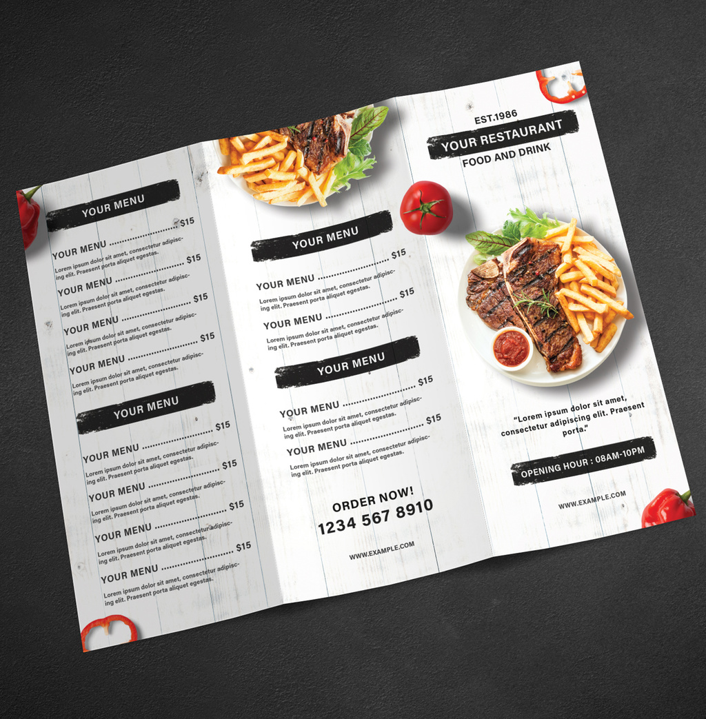 Trifold Restaurant Menu Brochure Layout (PSD Format)