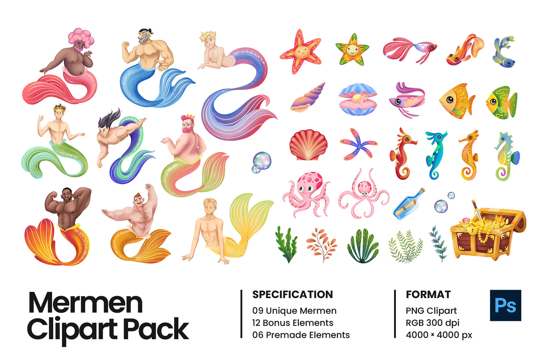 Mermen Clipart Illustration Pack (PSD, PNG Format)