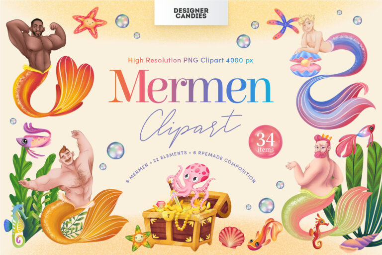Mermen Clipart Illustration Pack [PSD, PNG] - DesignerCandies