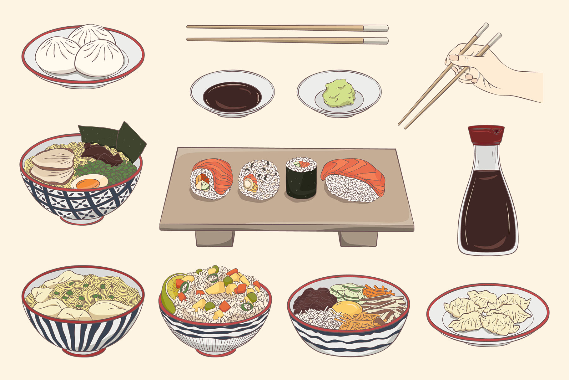 Asian Food Illustrations (AI, EPS, PNG Format)