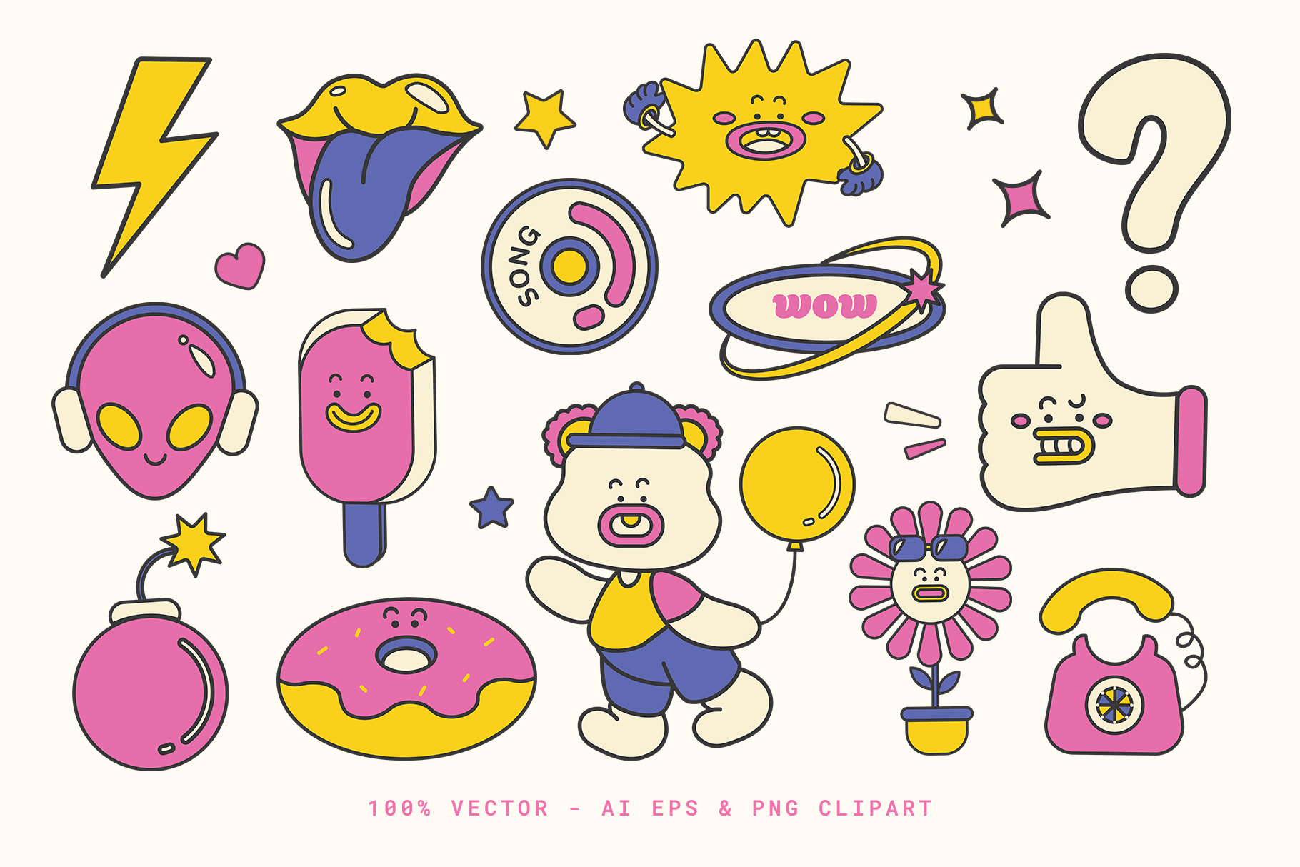 Cute Y2K Sticker Illustrations Set (AI, EPS Format)