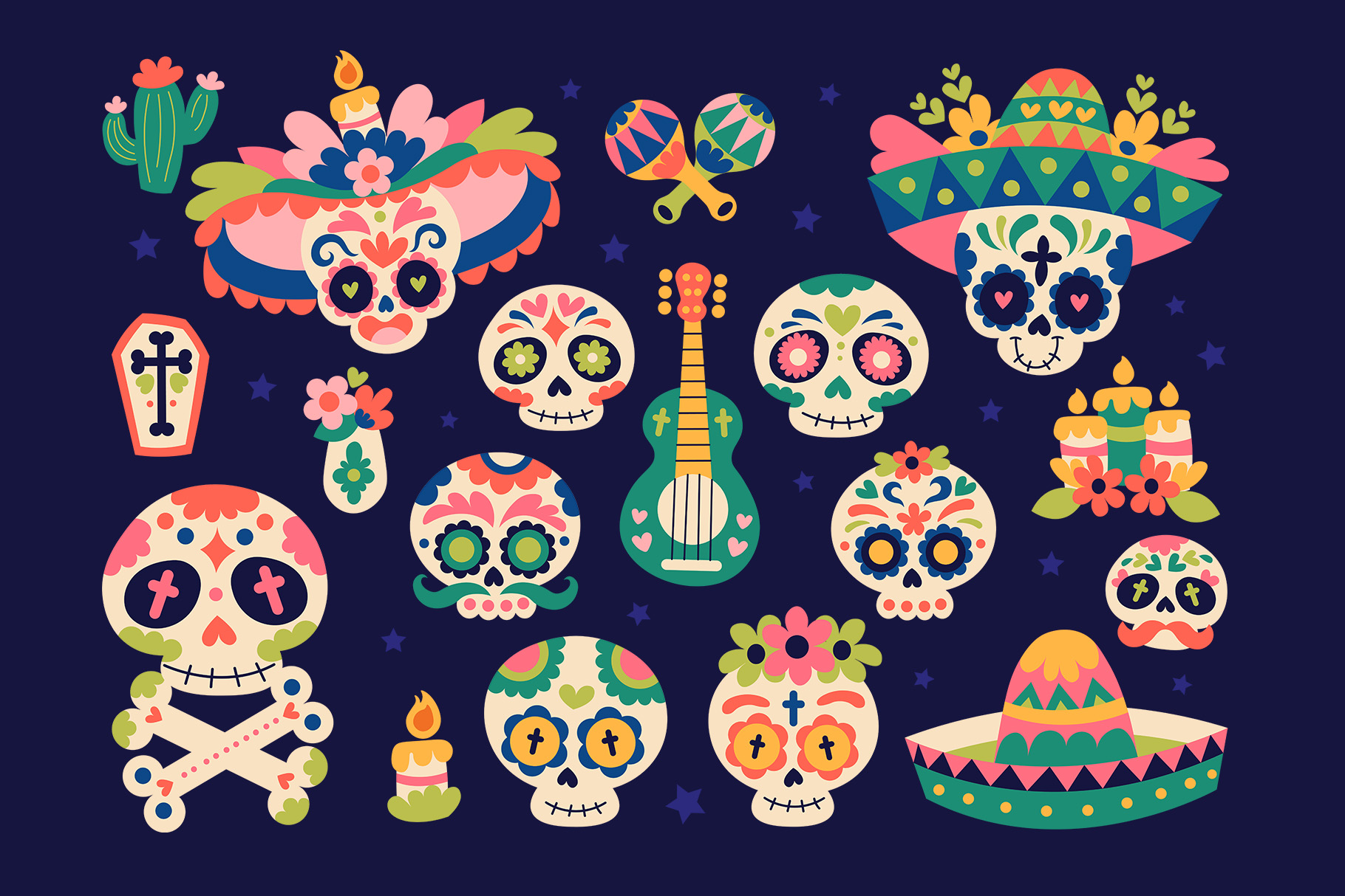 Mexican Sugar Skull Illustrations Set (AI, EPS, PNG Format)