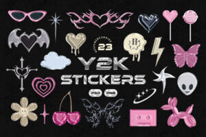 Y2K Metallic Sticker Illustrations Set (PSD, PNG Format)