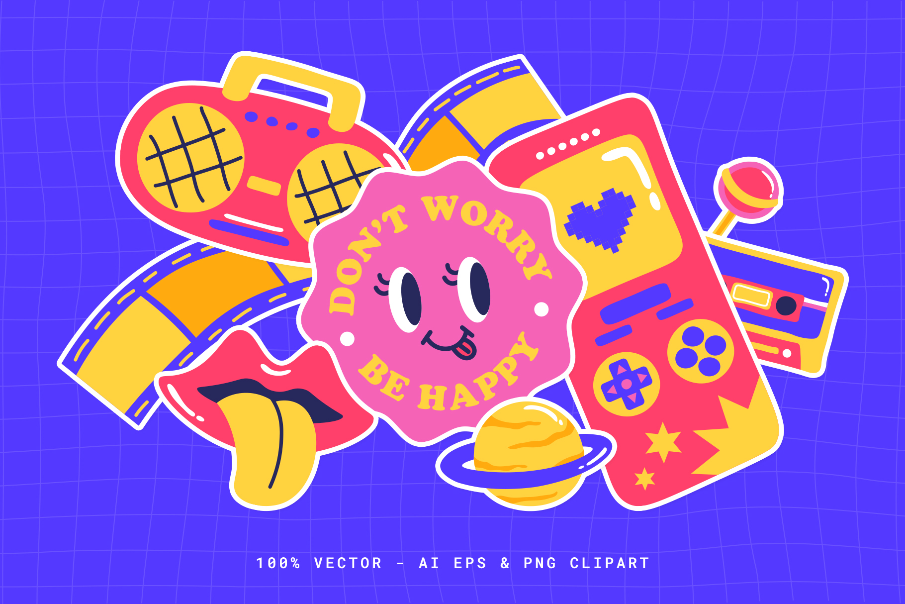 Y2K Stickers Illustration Set (AI, EPS, PNG Format)