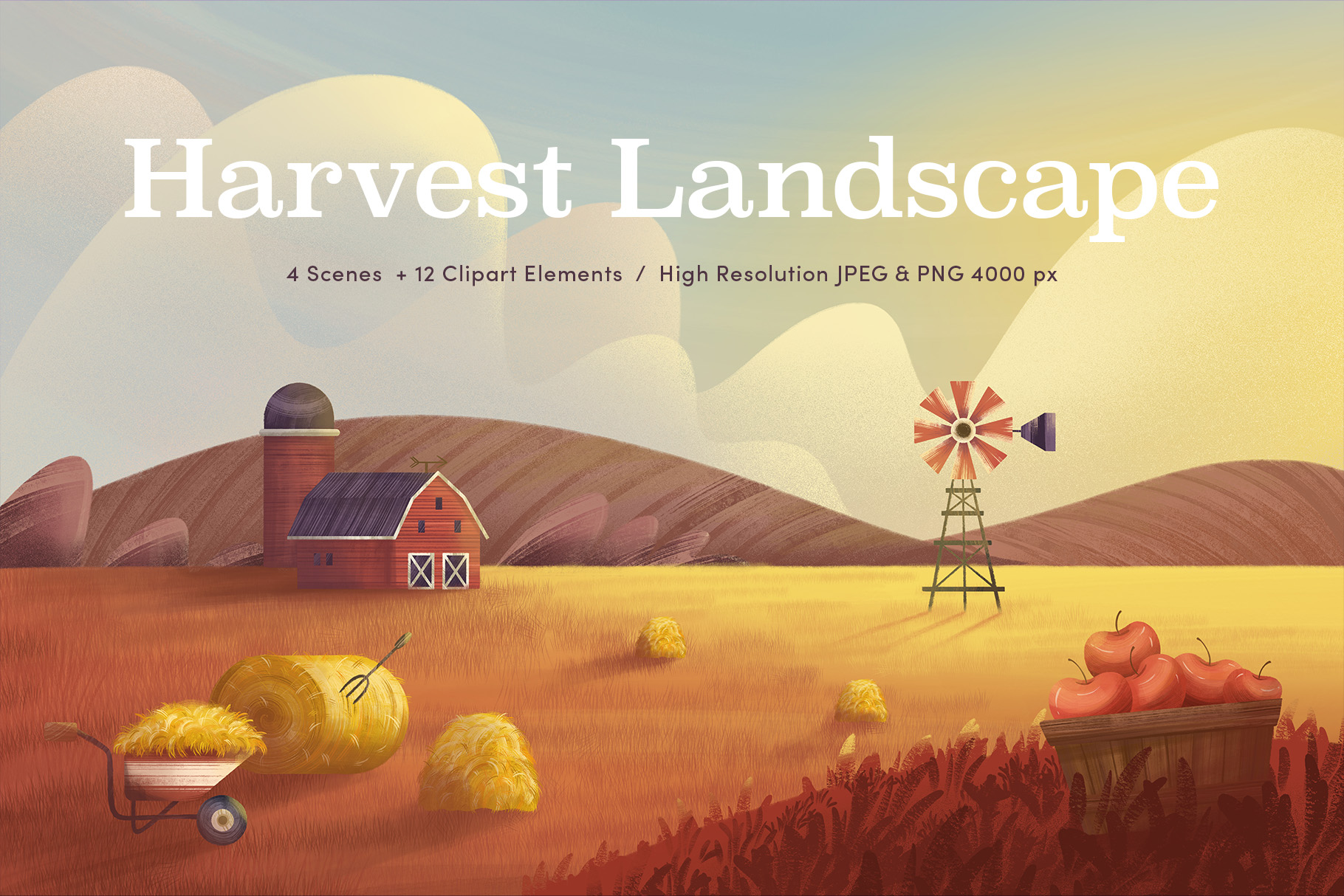 Harvest Landscape Illustrations Set (PSD Format)