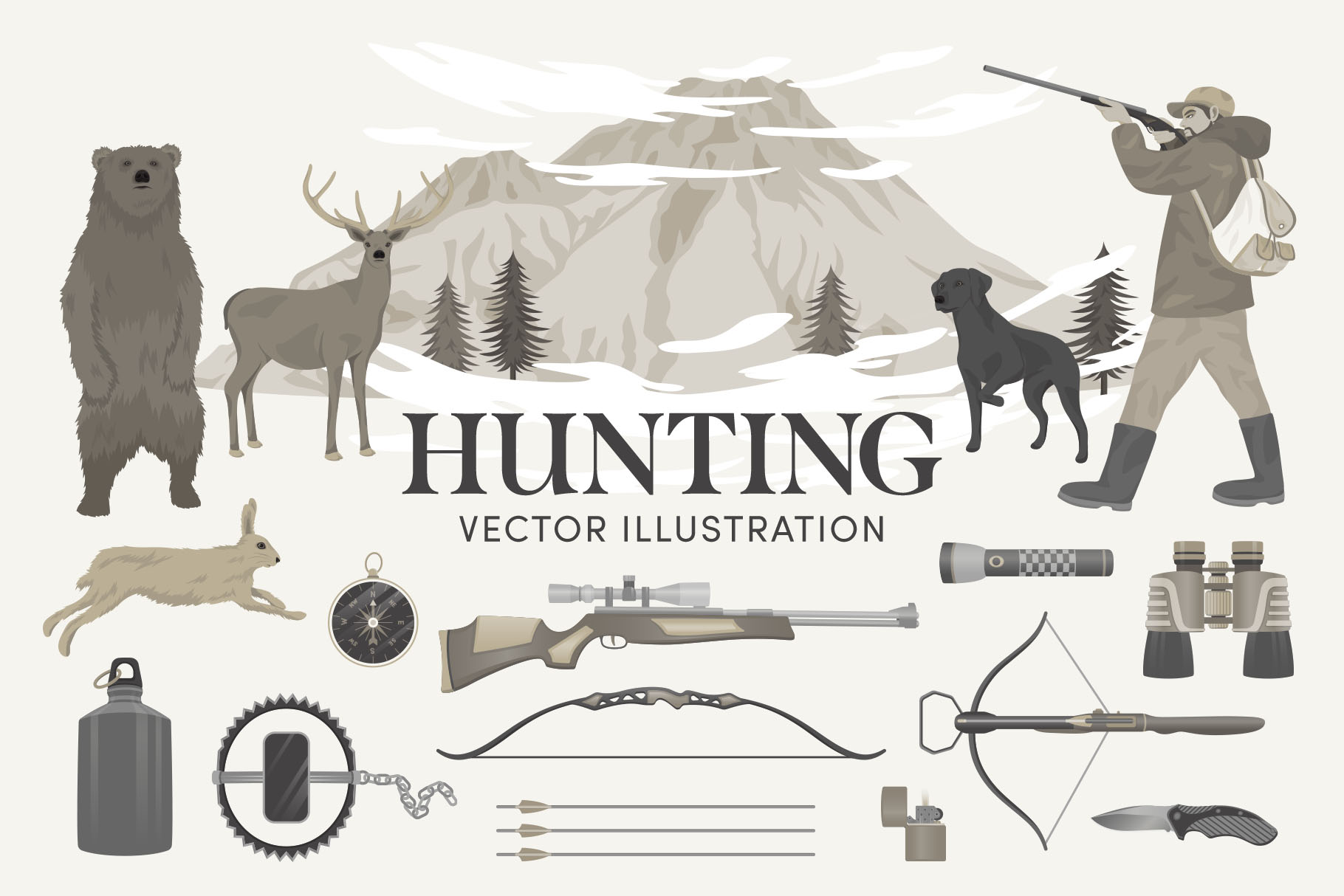 Hunting Illustrations Set (AI, EPS, PNG Format)
