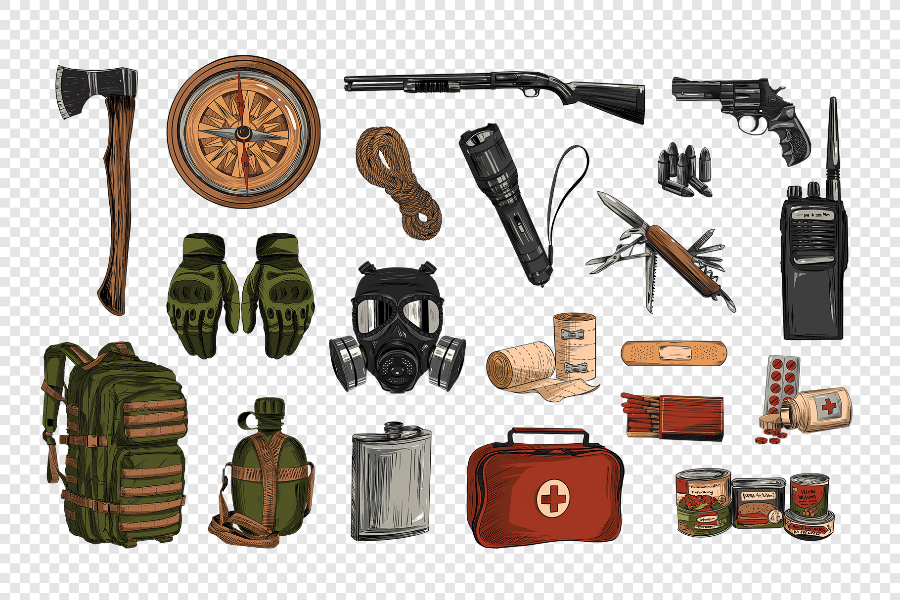 Preppers & Survivalist Clipart Illustration Set (PSD, PNG Format)
