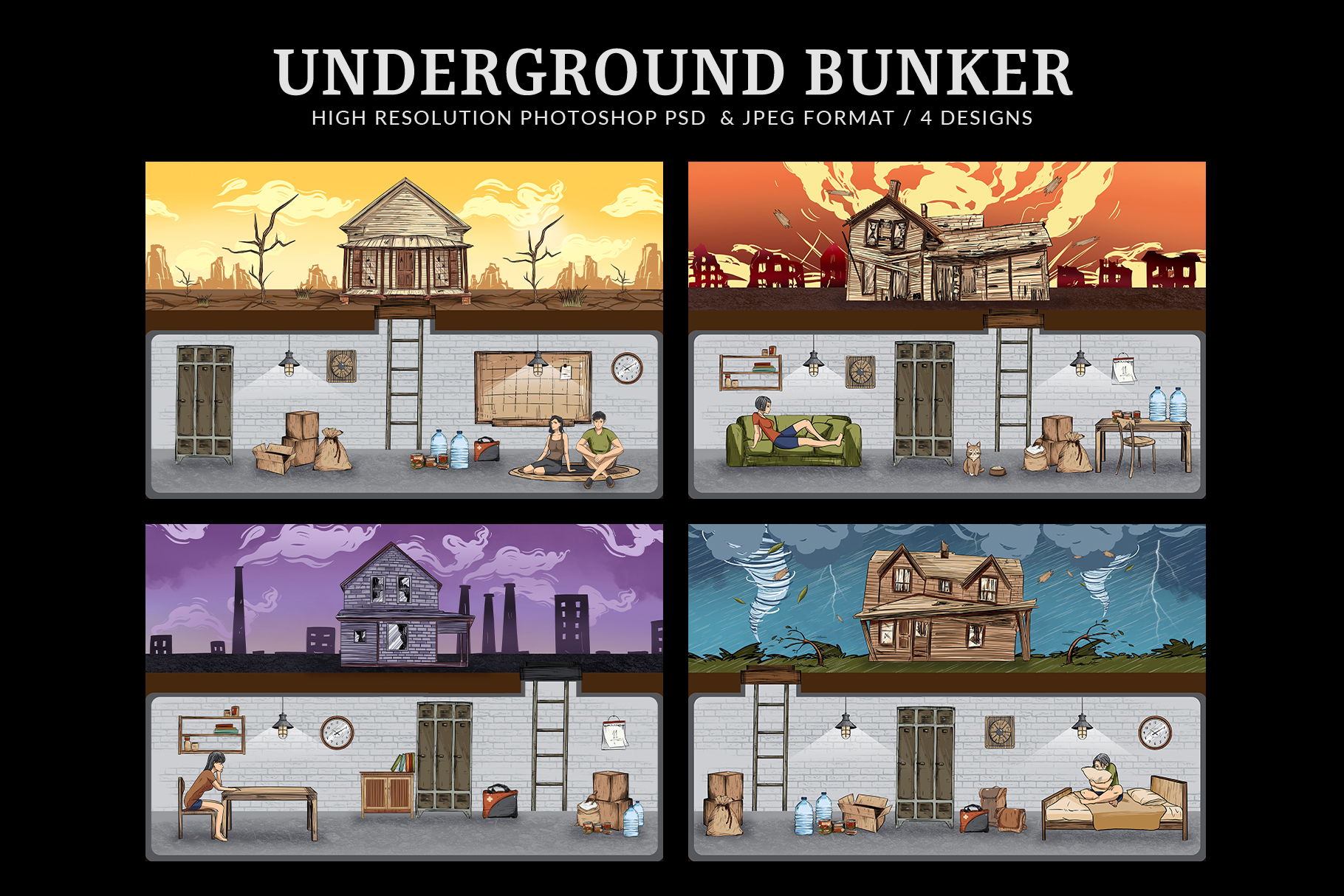 Underground Bunker Illustrations Set (PSD, JPEG Format)