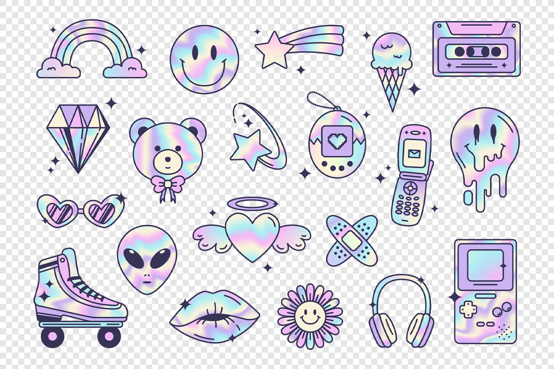 Y2K Holographic Stickers Illustrations Set (AI, EPS, PNG Format)