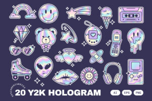 Y2K Holographic Stickers Illustrations Set (AI, EPS, PNG Format)