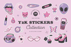 Y2K Stickers Illustration Set (AI, EPS, PNG Format)