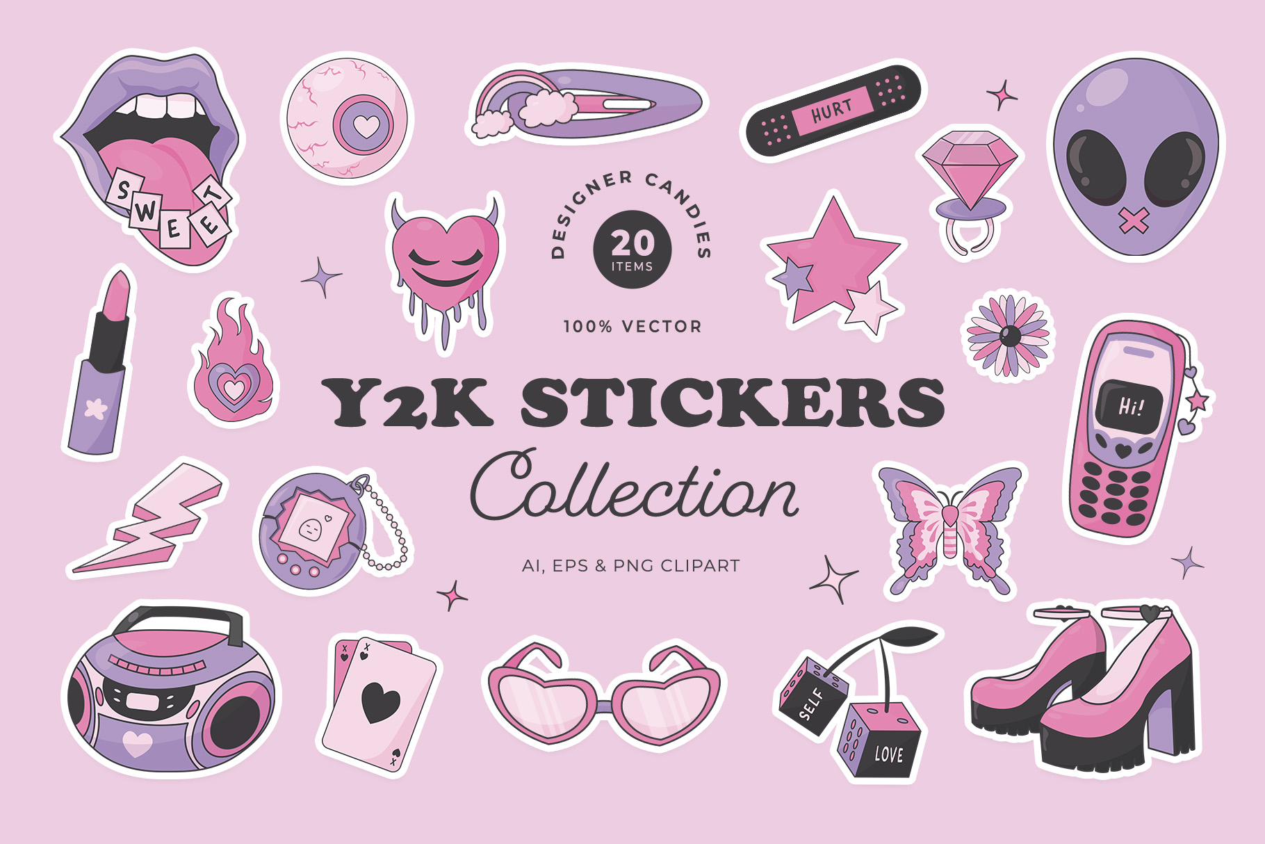 Pink Y2K Stickers Illustration Set – DesignerCandies