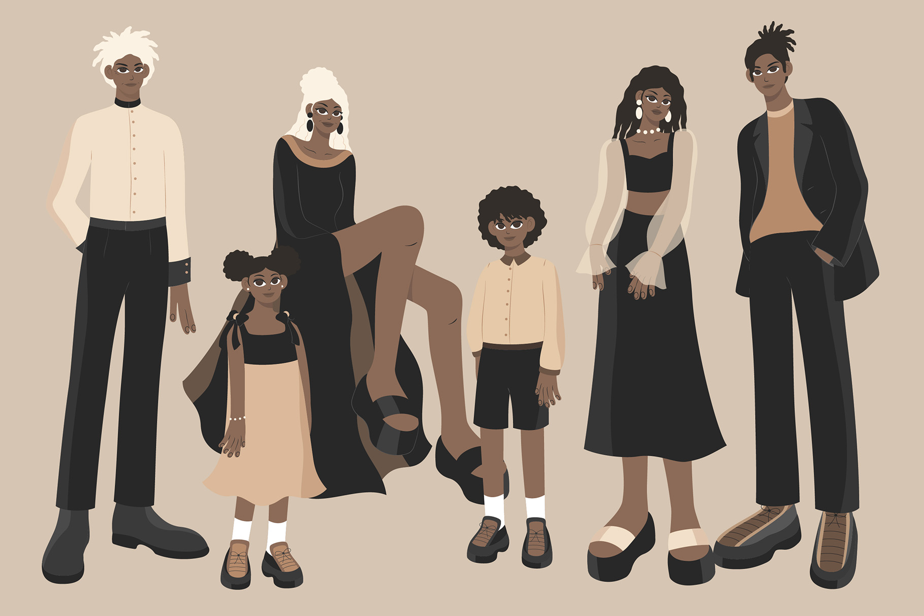 African American Family Illustrations Set (AI, EPS, PNG Format)