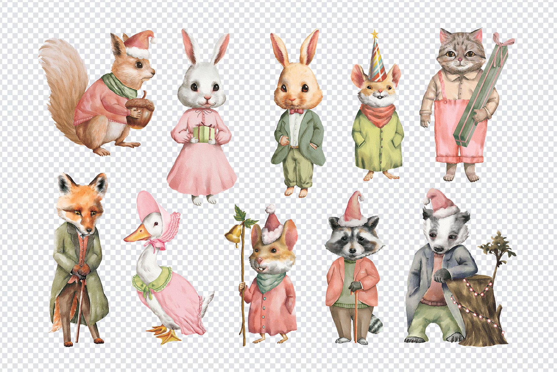Christmas Animals Watercolor Clipart Set in PSD PNG