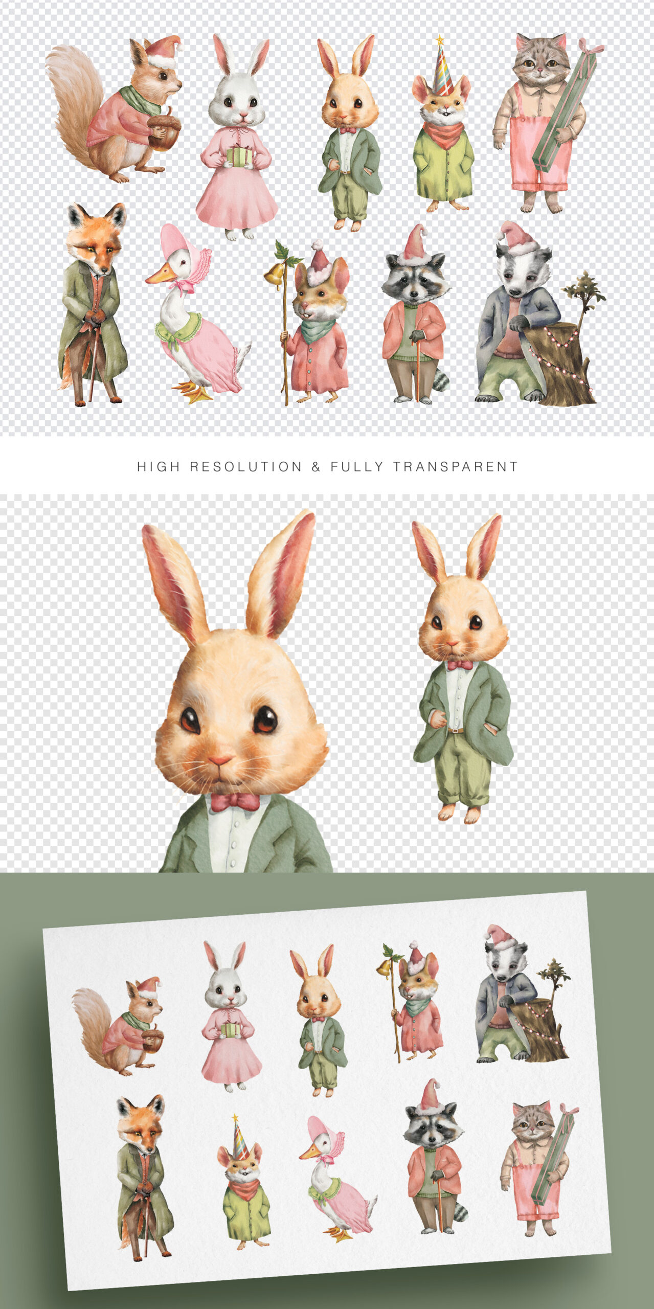 Christmas Animals Watercolor Clipart Set in PSD PNG