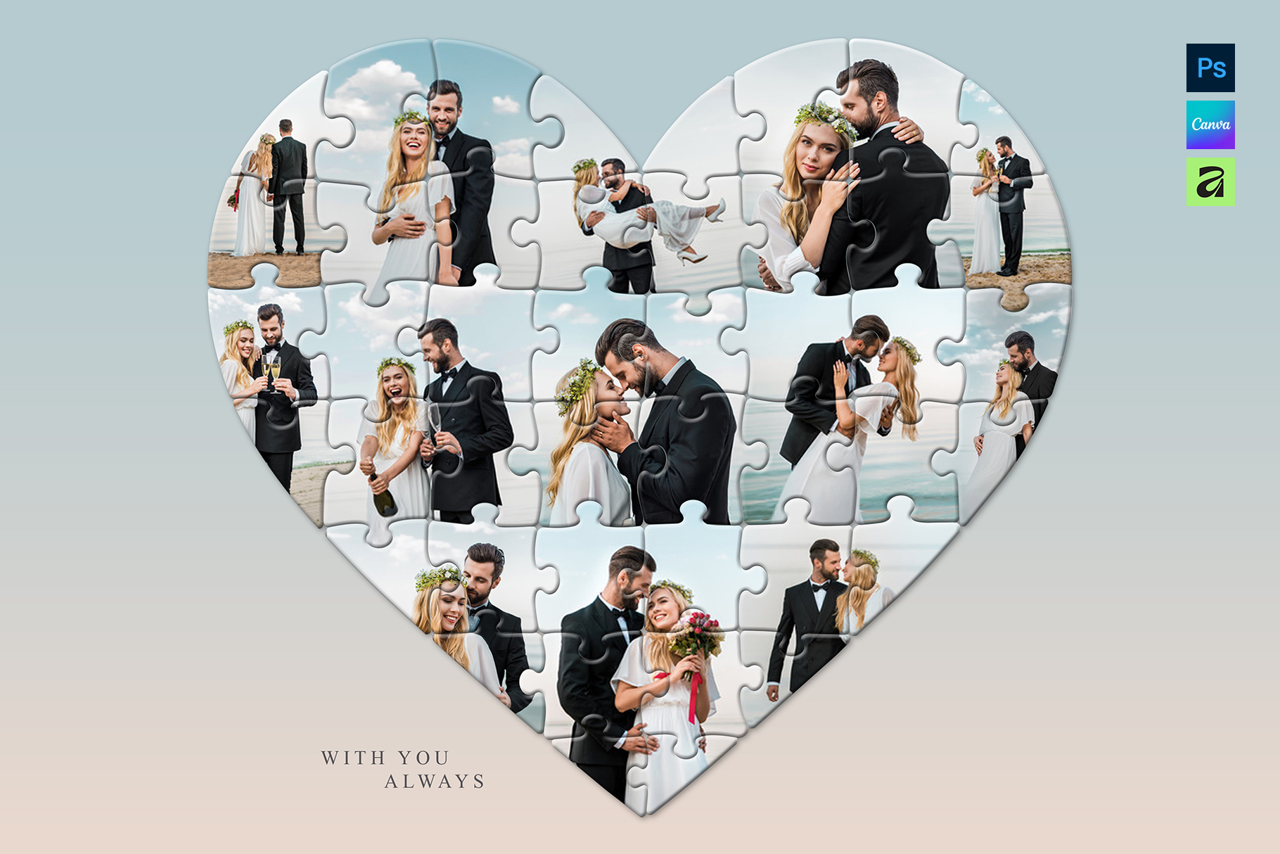 Love Heart Puzzle Photo Collage Template in AF, Canva and PSD