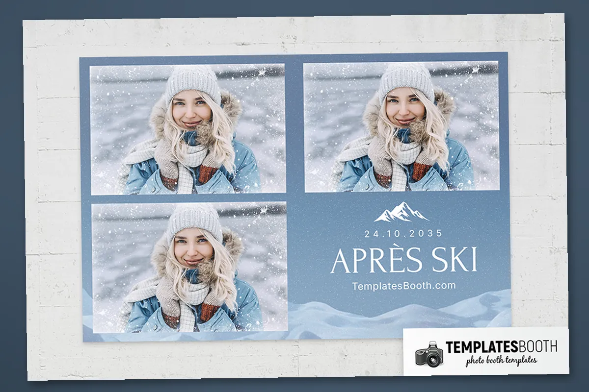 Blue après-ski photo strip with white snow speckles, a mountain icon, and layered pale blue snowdrifts