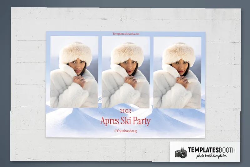 Apres Ski photo booth template: landscape print with three vertical photos above a snowy footer