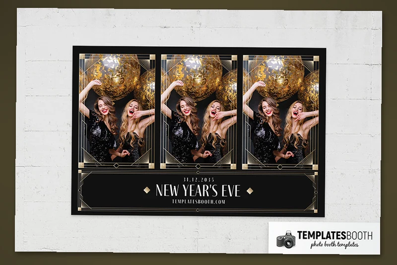Art Deco New Years Eve photo booth template: landscape print with three photos above New Year's Eve text