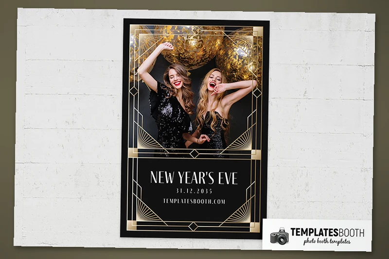 Art Deco New Years Eve photo booth template: portrait print with one photo and New Year's Eve text