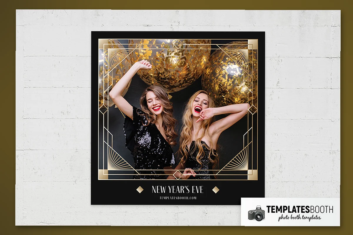 Art Deco New Year photo strip with two square photos, stepped gold frames, diamonds and radiating corner fans