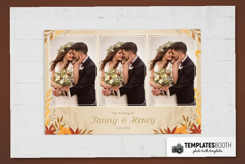 Autumn Fall Wedding photo booth template: landscape wedding print with three photos and autumn leaves