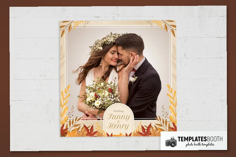 Autumn Fall Wedding photo booth template: square wedding print with one photo and autumn leaves