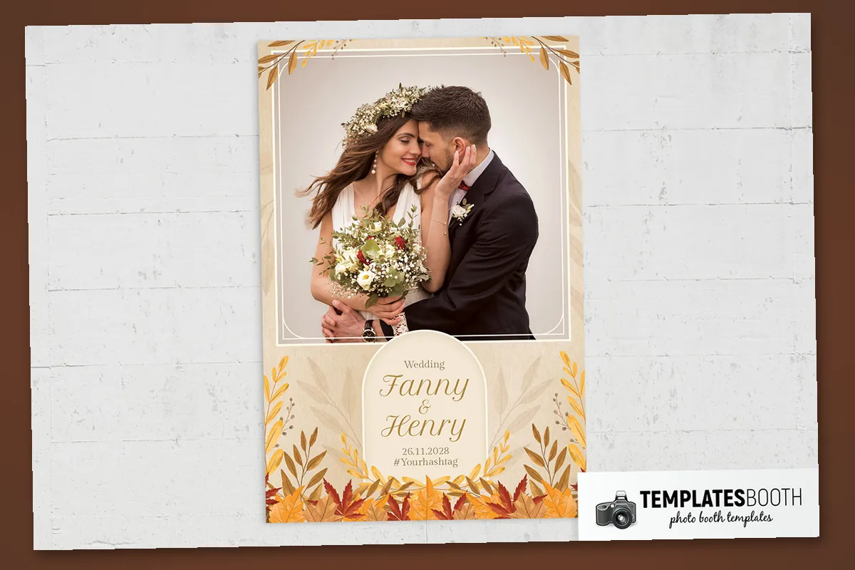 Autumn fall wedding photo booth template with multicolored leaves, white double photo frames and a cream arch