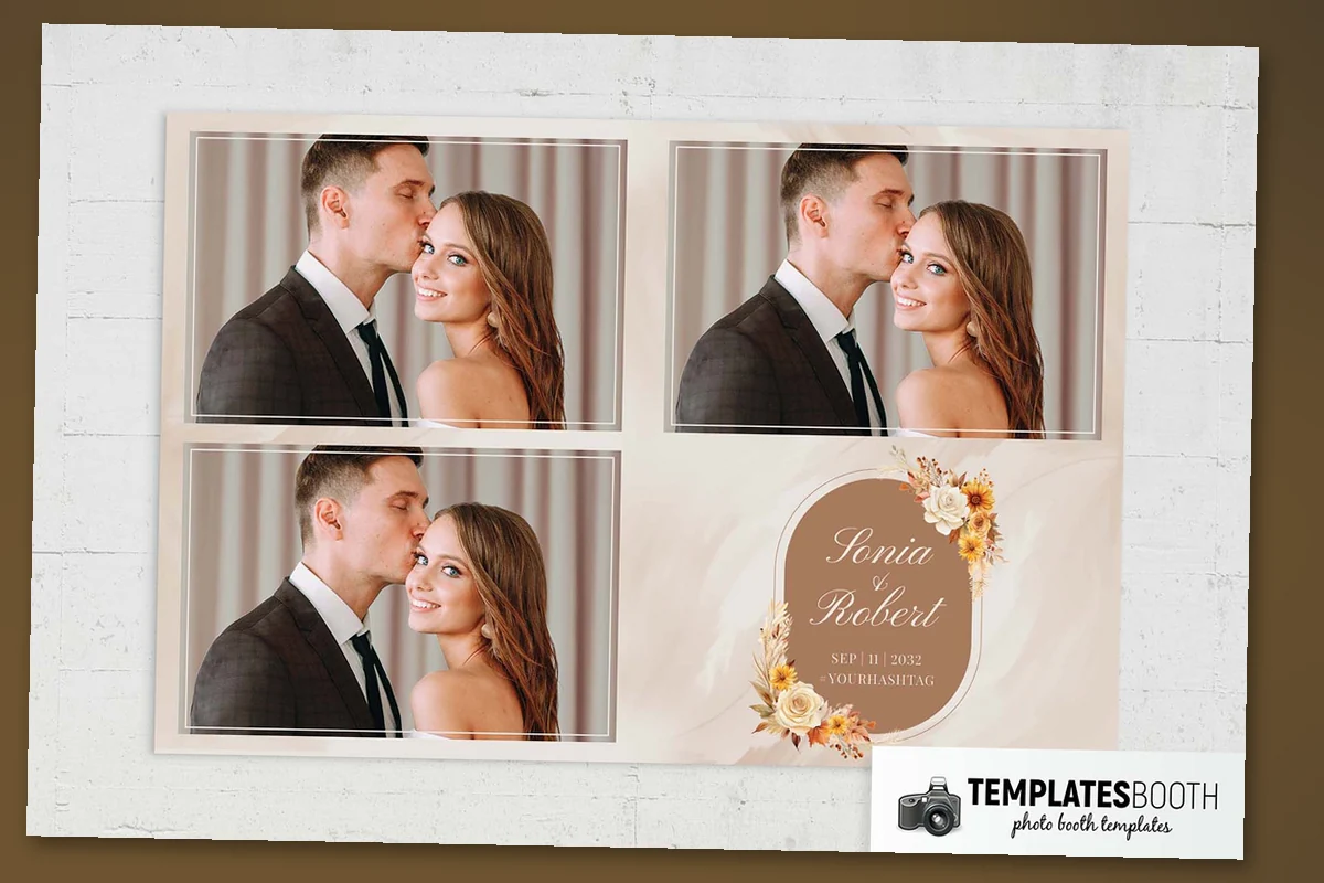 Autumn wedding photo booth template with cream marbling, a brown rounded panel, roses and dried grasses