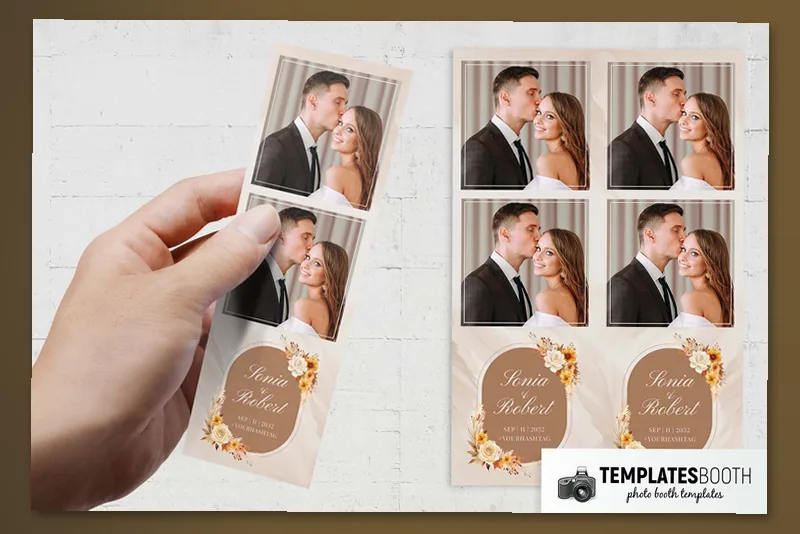 Autumn Wedding photo booth template: two-photo strips on a table and held in a hand