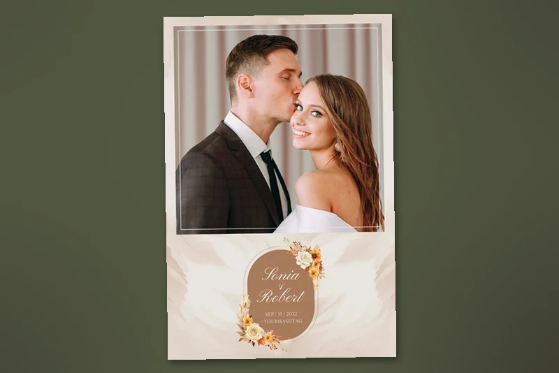Autumn Wedding photo booth template: portrait layout with one photo and floral wedding text