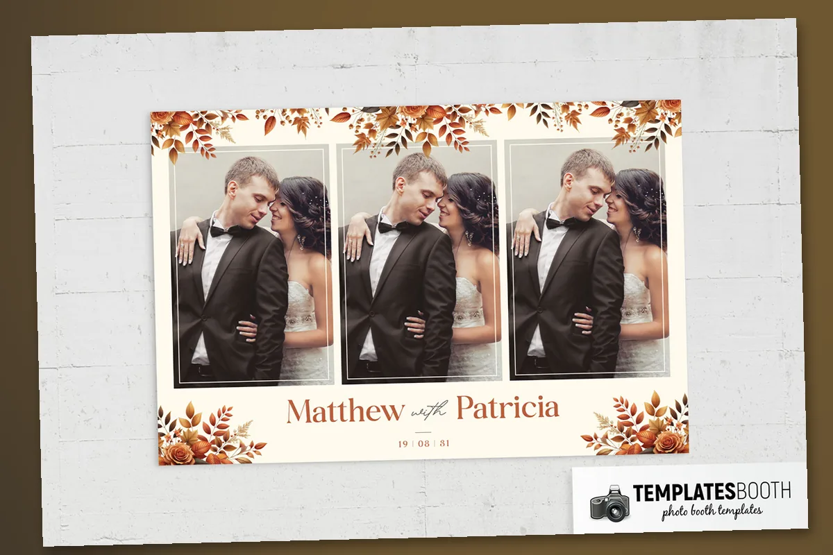 Autumnal wedding photo booth template with orange roses, berries and grasses bordering a cream background