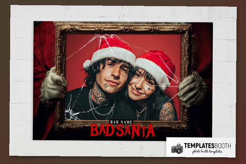 Bad Santa Christmas photo booth template: landscape Christmas layout with one framed photo and Bad Santa text