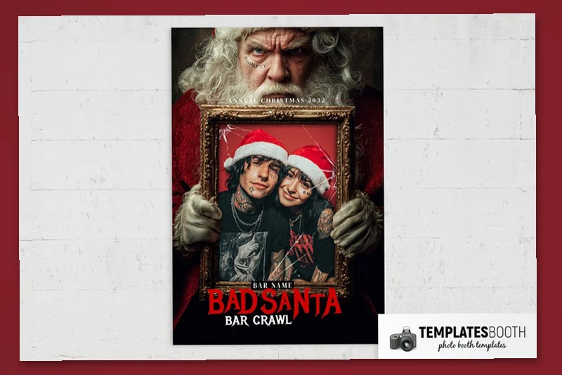 Bad Santa Christmas photo booth template: portrait Christmas layout with one framed photo beneath Santa