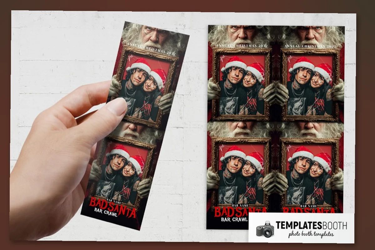 Bad Santa Christmas photo booth template with stern Santa faces, gloved hands and cracked-glass gold frames