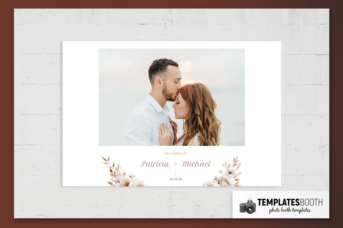 Boho wedding photo strip with two square photos, a thin gold arch, dusty pink script, and cream flowers