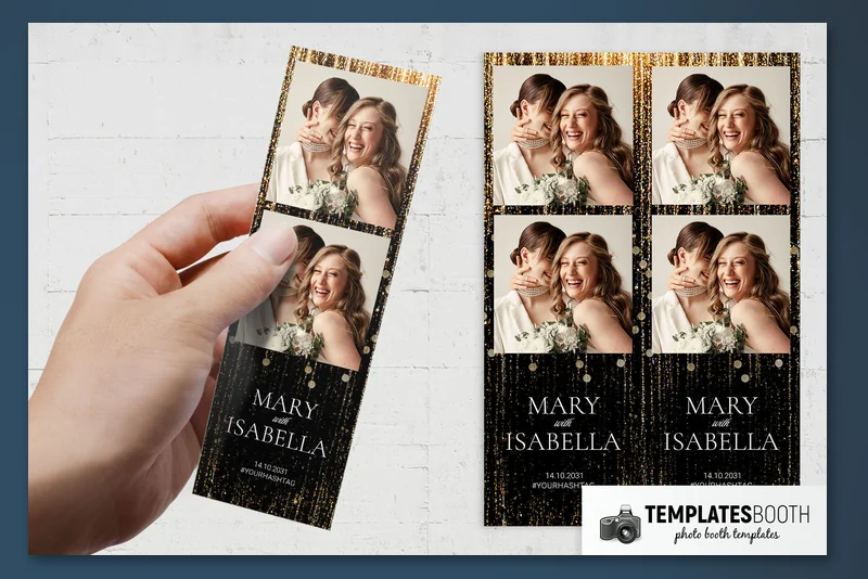 Black & Gold Glitter photo booth template: black and gold strip with two photos held in hand