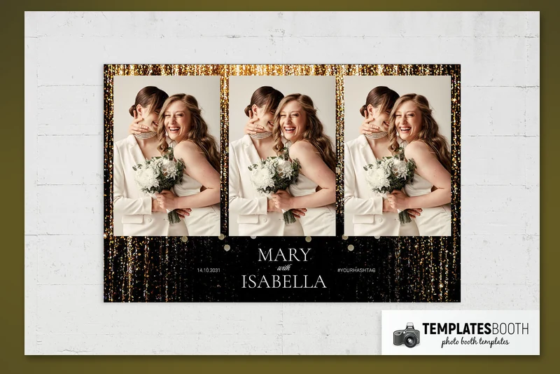 Black & Gold Glitter photo booth template: landscape print with three vertical photos above black text panel