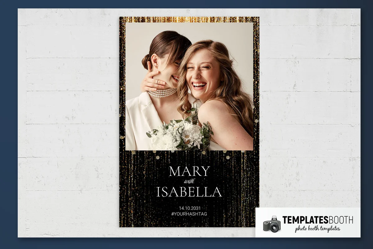 Black-and-gold wedding photo strip with vertical glitter trails, circular highlights, and large white serif names
