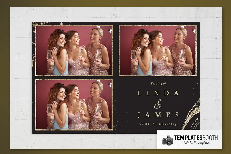 Black & Gold photo booth template: landscape print with three photos and a wedding text panel