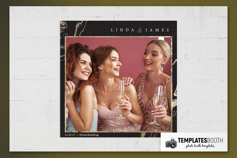 Black & Gold photo booth template: square print with one photo on a white brick background