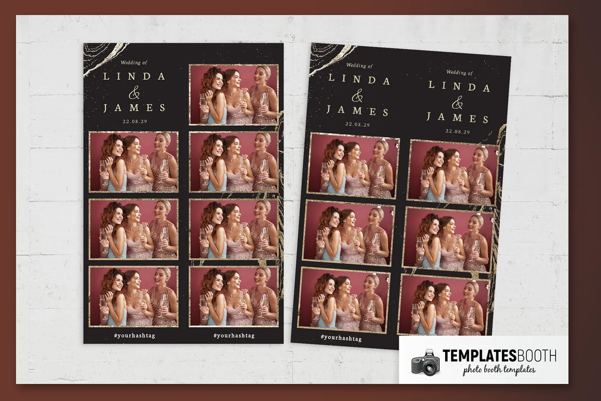 Black wedding photo strip with gold marbled corner lines, scattered flecks, and thin gold photo frames