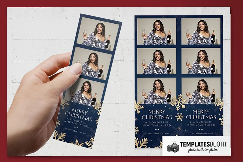 Blue & Gold Christmas photo booth template: three-photo Christmas strip held beside two matching strips